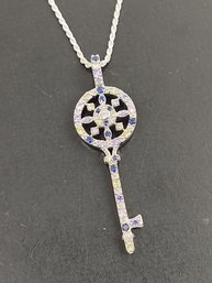 BEAUTIFUL STERLING SILVER MULTI COLORED CZ SKELETON KEY NECKLACE