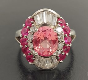 STUNNING STERLING SILVER PINK SAPPHIRE RUBY & CZ RING