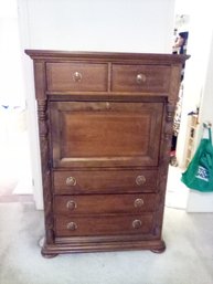 Classy High Boy Dresser With Drop Down Leather Bound Desk Surface, Marquetry & Carved Panels