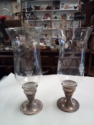 Vintage Pair Of Duchin Sterling Silver Weighted Candle Holders With Glass Etched Shades