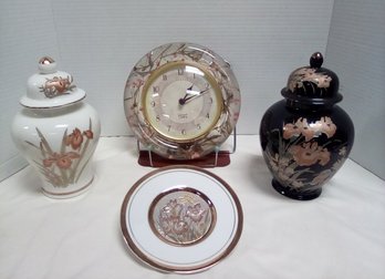 Asian Inspired 4 Item Group - Pastoral Dwelling Clock, Art Of Chokin Plate, 2 Ginger Jars, 1 From Japan  KD/D3