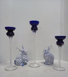 Exceptional Blown Glass Candle Holders & 2 Handpainted Ceramic Rabbit Figurines  KD/A3