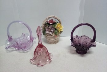 Pretty Glassware Baskets Including Fenton, Bell & Capodimonte Flowery Ceramic Basket From Italy KD/B5