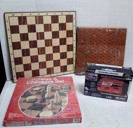 Game Day 200 Watt Inverter, Berea College Crafts & Pressman Chess & Checkers Boards        BS/CVBKA