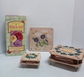 Three Wood Flower Presses (1 New, Unopened) Plus Victoria's Silica Gel Crystals To Dry Flowers BS/B4