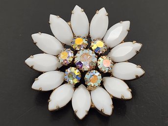 VINTAGE WHITE & AURORA BOREALIS RHINESTONE FLOWER BROOCH