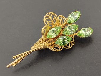 VINTAGE GREEN RHINESTONE FLOWER BOUQUET BROOCH