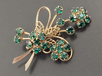 VINTAGE GREEN RHINESTONE FLOWER BOUQUET BROOCH