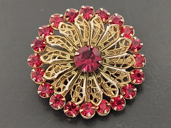 VINTAGE RED RHINESTONE FLOWER BROOCH