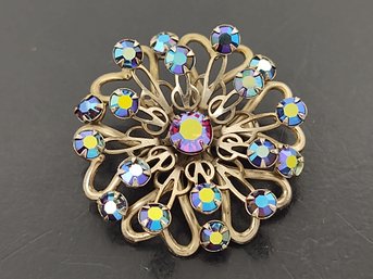 VINTAGE AURORA BOREALIS RHINESTONE FLOWER BROOCH