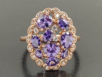 STUNNING ROSE GOLD OVER STERLING SILVER PURPLE CZ CLUSTER RING