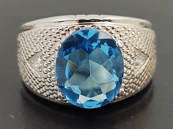 STUNNING STERLING SILVER BLUE CZ MENS ART DECO STYLE RING