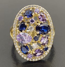 STUNNING GOLD OVER STERLING SILVER PURPLE CZ & DARK BLUE TOPAZ RING