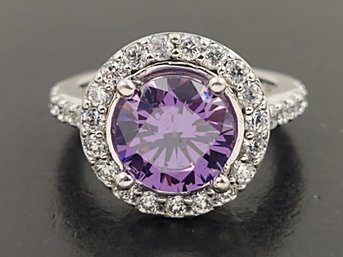 BEAUTIFUL STERLING SILVER PURPLE CZ HALO RING