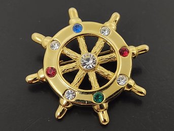 VINTAGE SWAROVSKI CRYSTAL RHINESTONE SHIPS WHEEL NAUTICAL BROOCH