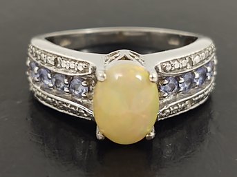 STUNNING STERLING SILVER OPAL TANZANITE & DIAMOND CHIP RING