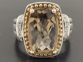 STUNNING STERLING SILVER SMOKY QUARTZ & DIAMOND RING W/ GOLD ACCENTS