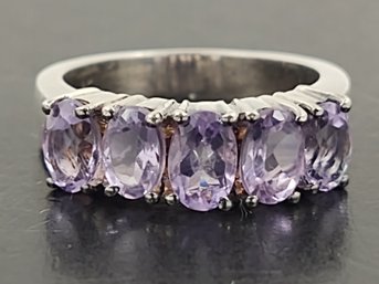 BEAUTIFUL STERLING SILVER FIVE STONE AMETHYST RING