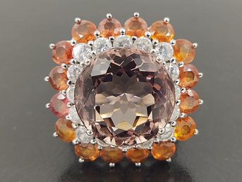 STUNNING STERLING SILVER PINK & WHITE CZ WITH ORANGE SAPPHIRES COCTAIL RING