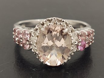 BEAUTIFUL STERLING SILVER PINK TOURMALINE SAPPHIRE & DIAMOND RING