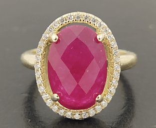 BEAUTIFUL GOLD OVER STERLING SILVER FACETED RED QUARTZ & CZ RING