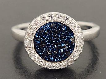 BEAUTIFUL STERLING SILVER BLUE DRUZY & WHITE CZ HALO RING