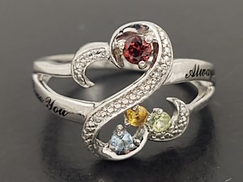 BEAUTIFUL STERLING SILVER MULTI COLORED STONE OPEN HEART RING