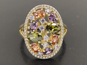 STUNNING GOLD OVER STERLING SILVER MULTI COLORED CZ CLUSTER RING