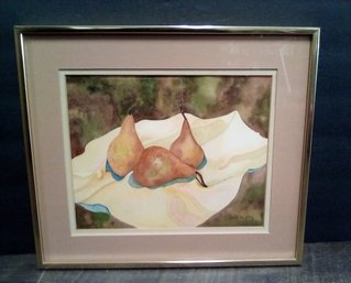 Metal Framed Watercolor 'Three Pears' Signed By Artist, Jean Haughey   BS/WA-B