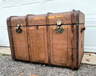 Large Antique Trunk With Wood Binding