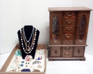 Jewelry Collection Of Necklaces, Bracelets, Earrings, Pins & Large Vintage Wood Jewelry Box BS/PANTRY