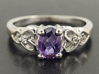 VINTAGE 14K WHITE GOLD AMETHYST & DIAMOND RING