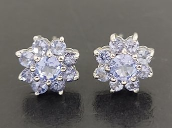 VINTAGE 14K WHITE GOLD TANZANITE CLUSTER EARRINGS