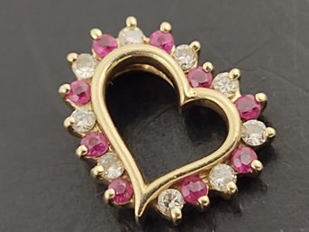 VINTAGE SMALL 14K GOLD DIAMOND & RUBY HEART PENDANT