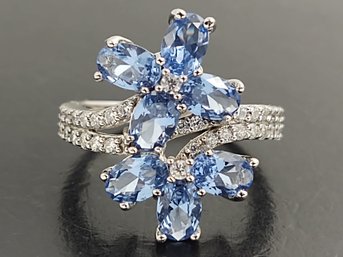 STUNNING STERLING SILVER BLUE TOPAZ & CZ RING