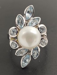 STUNNING STERLING SILVER BLUE TOPAZ PEARL RING