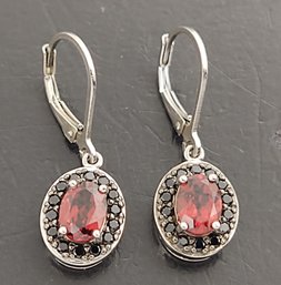 BEAUTIFUL STERLING SILVER GARNET & BLACK TOURMALINE EARRINGS