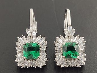 STUNNING STERLING SILVER GREEN & WHITE CZ EARRINGS