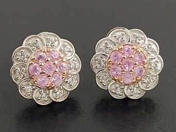 BEAUTIFUL STERLING SILVER PINK SAPPHIRE & WHITE TOPAZ FLOWER EARRINGS