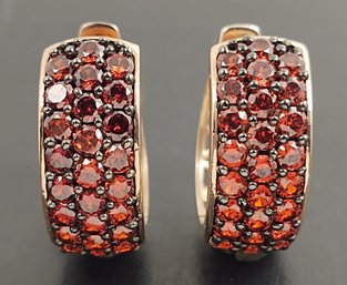 STUNNING ROSE GOLD OVER STERLING SILVER GARNET HUGGIE HOOP EARRINGS