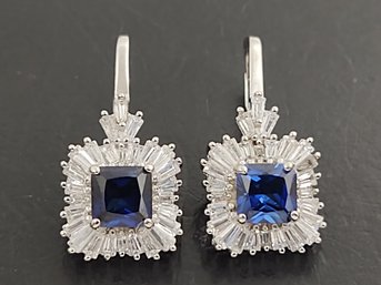 STUNNING STERLING SILVER BLUE SAPPHIRE & CZ EARRINGS