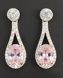 BEAUTIFUL STERLING SILVER PINK & WHITE CZ DANGLE EARRINGS