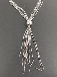 VINTAGE STERLING SILVER TINY PULL CHAIN BEADS MULTI STRAND TASSEL NECKLACE