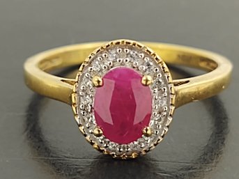 BEAUTIFUL GOLD OVER STERLING SILVER RUBY & WHITE TOPAZ HALO RING