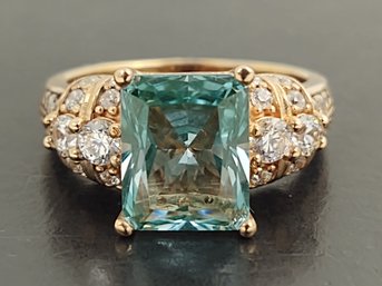 STUNNING ROSE GOLD OVER STERLING SILVER CARIBBEAN GREEN TOPAZ & CZ RING