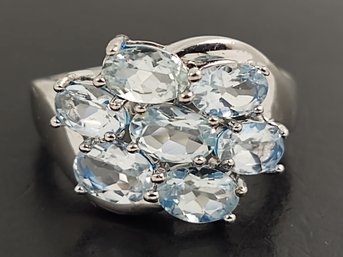 BEAUTIFUL STERLING SILVER AQUAMARINE CLUSTER RING