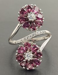 BEAUTIFUL STERLING SILVER GARNET & WHITE TOPAZ FLOWER RING