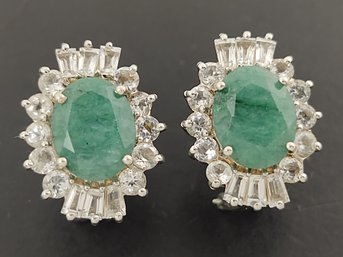 BEAUTIFUL STERLING SILVER EMERALD & WHITE TOPAZ EARRINGS