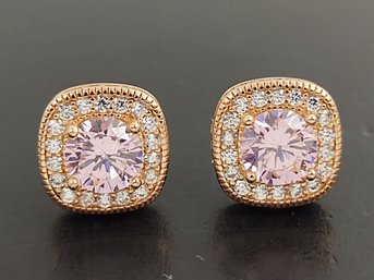 BEAUTIFUL ROSE GOLD OVER STERLING SIVLER PINK & WHITE CZ EARRINGS