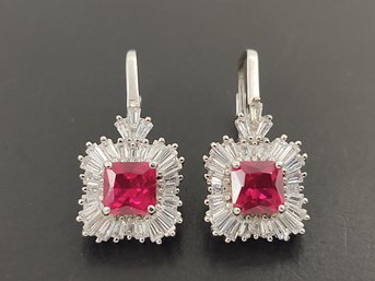 STUNNING STERLING SILVER RUBY & WHITE CZ EARRINGS